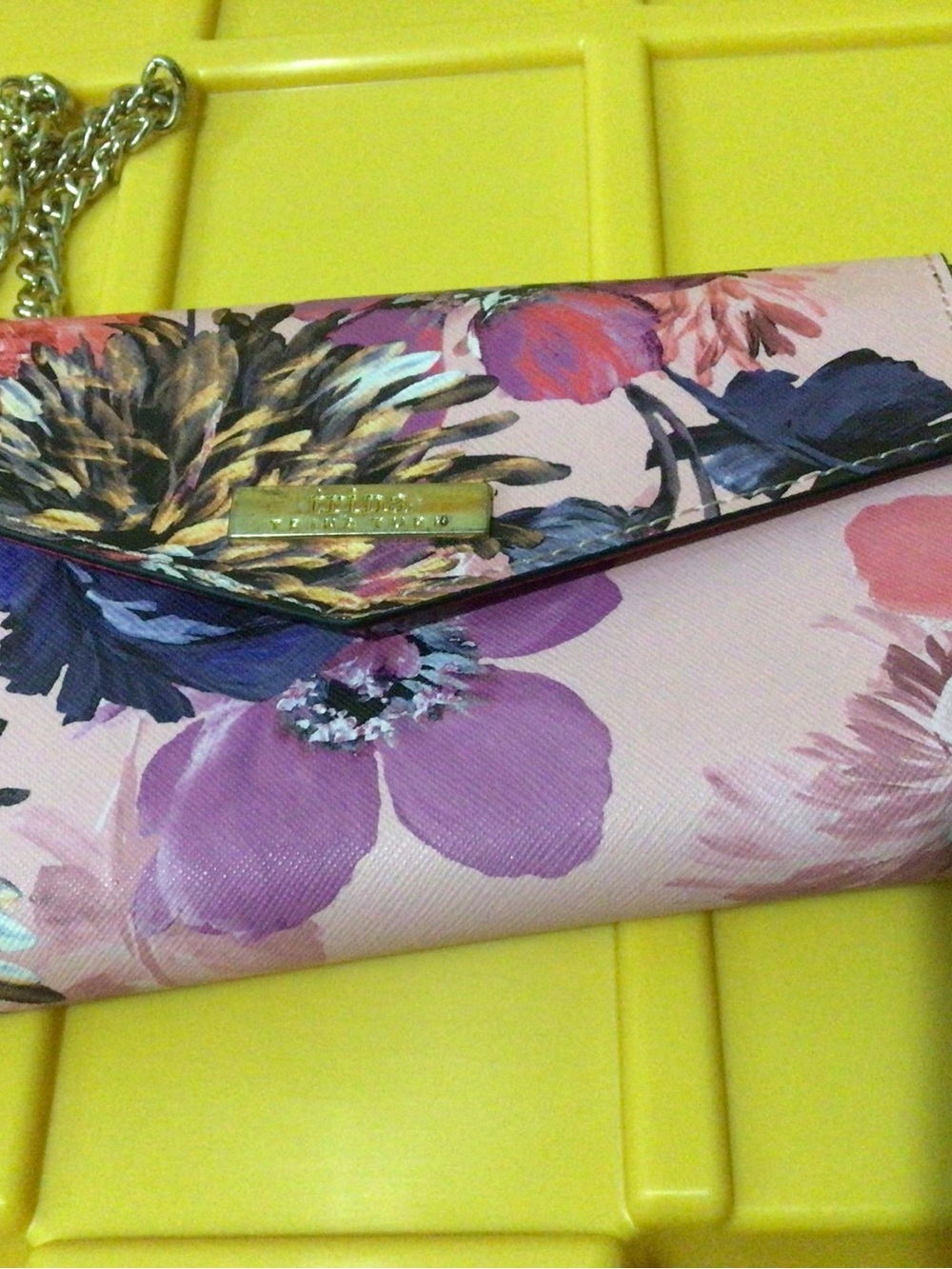 Trina Turk Pink Floral Envelope Wristlet with Gold Chain